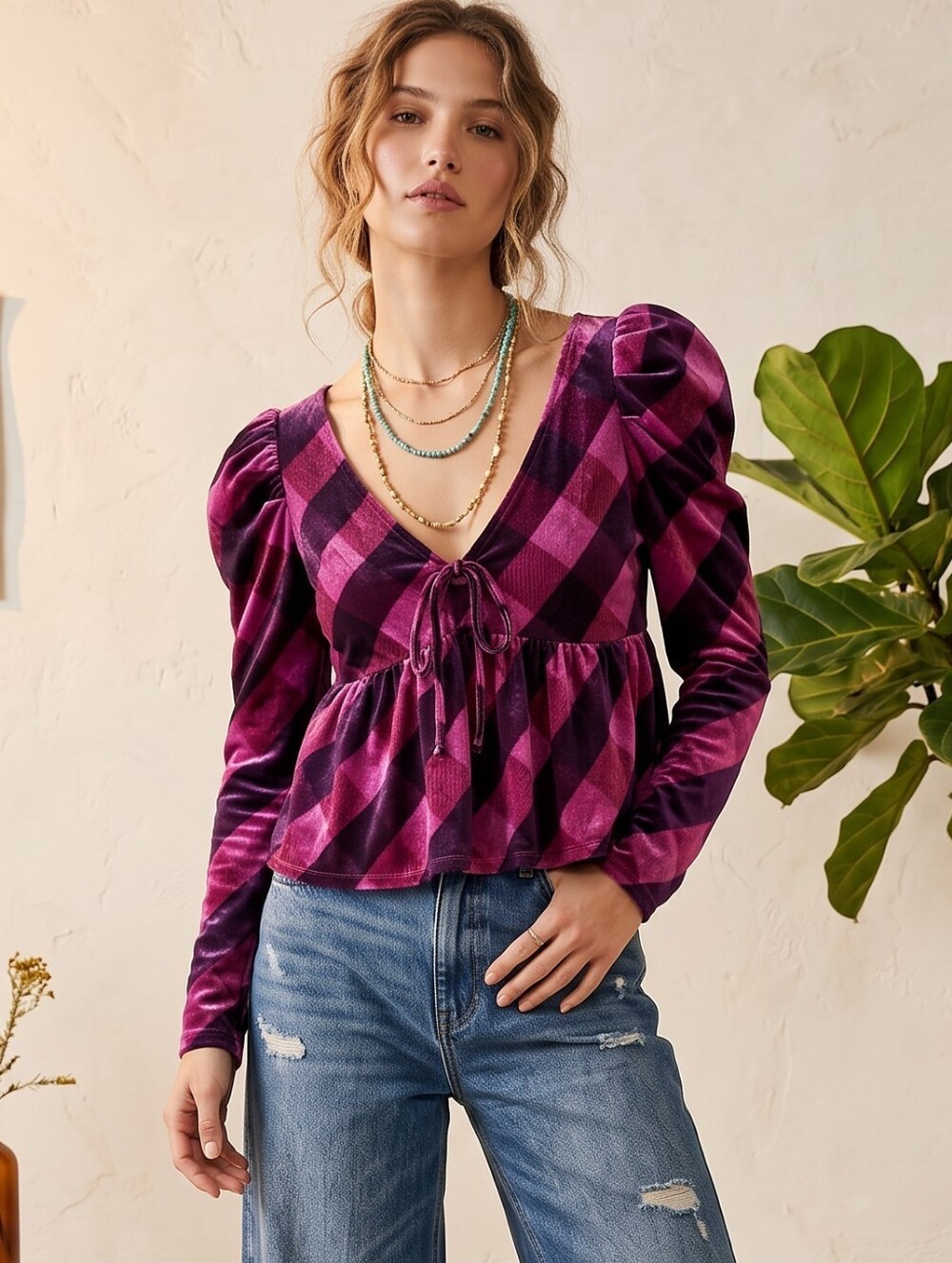Anthropologie Maeve Pink Buffalo Plaid Velvet Peplum Tie Front Blouse S